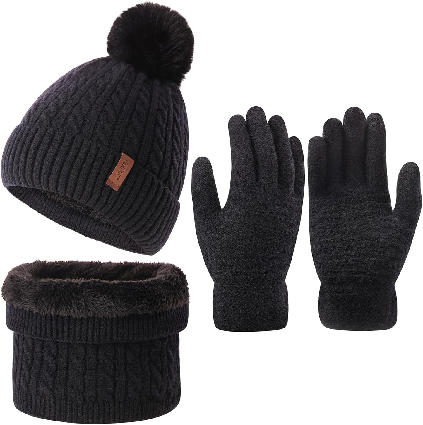 3Pcs Winter Women Beanie Hat Scarf and Touch Screen Gloves Sets Girls Classic Knit Warm Chunky Fleece Lined Cable Cap