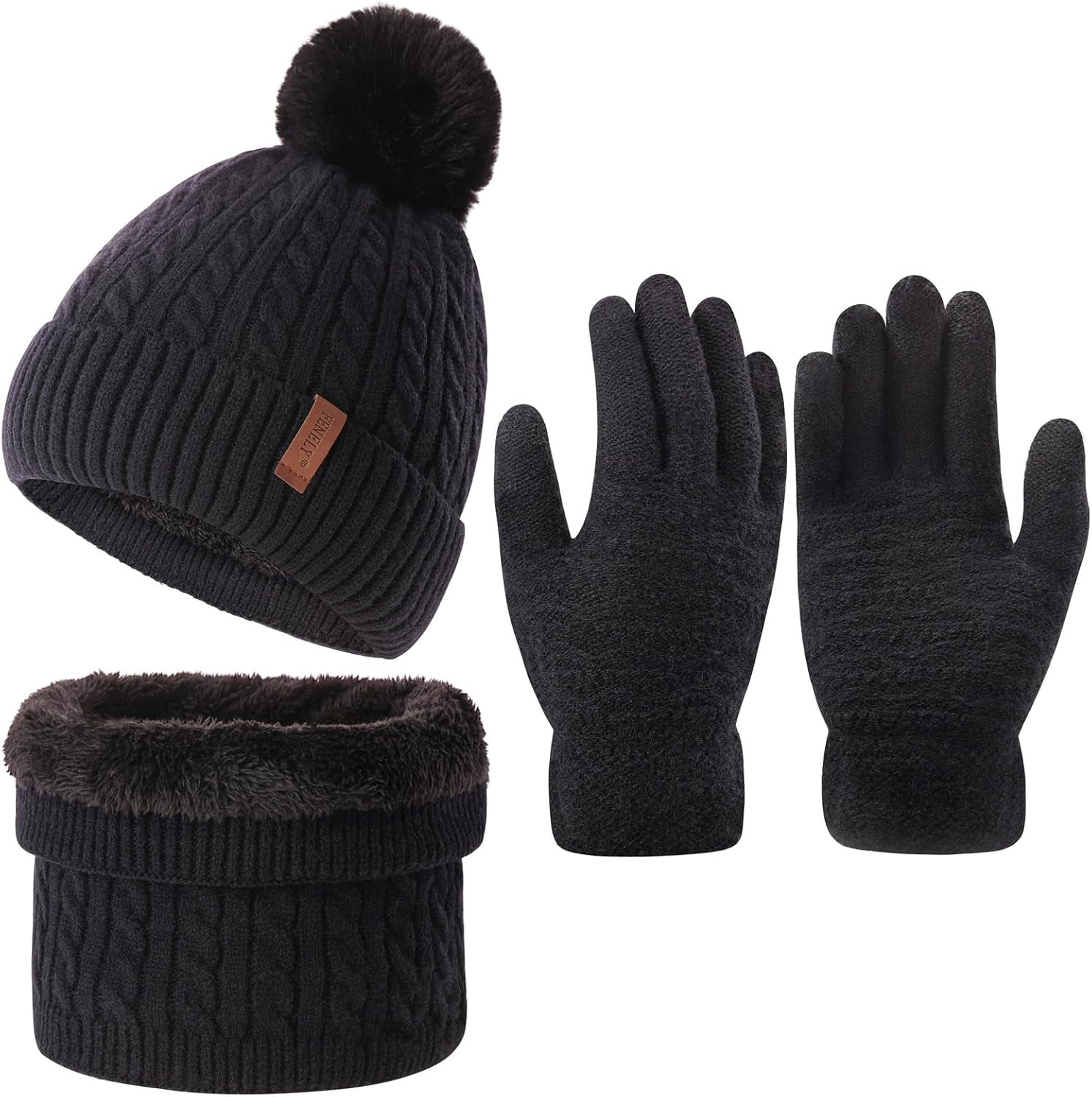 3Pcs Winter Women Beanie Hat Scarf and Touch Screen Gloves Sets Girls Classic Knit Warm Chunky Fleece Lined Cable Cap