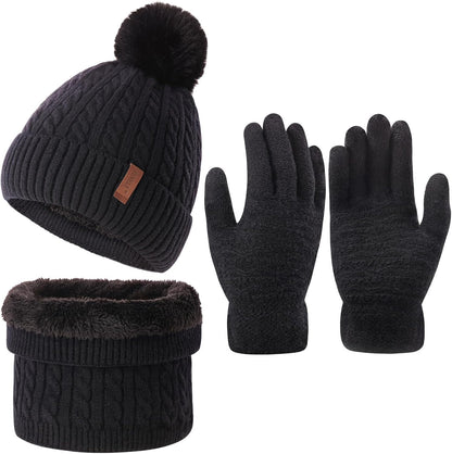 3Pcs Winter Women Beanie Hat Scarf and Touch Screen Gloves Sets Girls Classic Knit Warm Chunky Fleece Lined Cable Cap