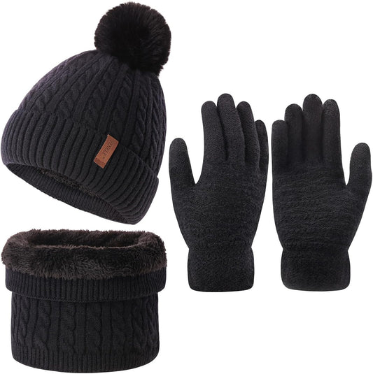 3Pcs Winter Women Beanie Hat Scarf and Touch Screen Gloves Sets Girls Classic Knit Warm Chunky Fleece Lined Cable Cap